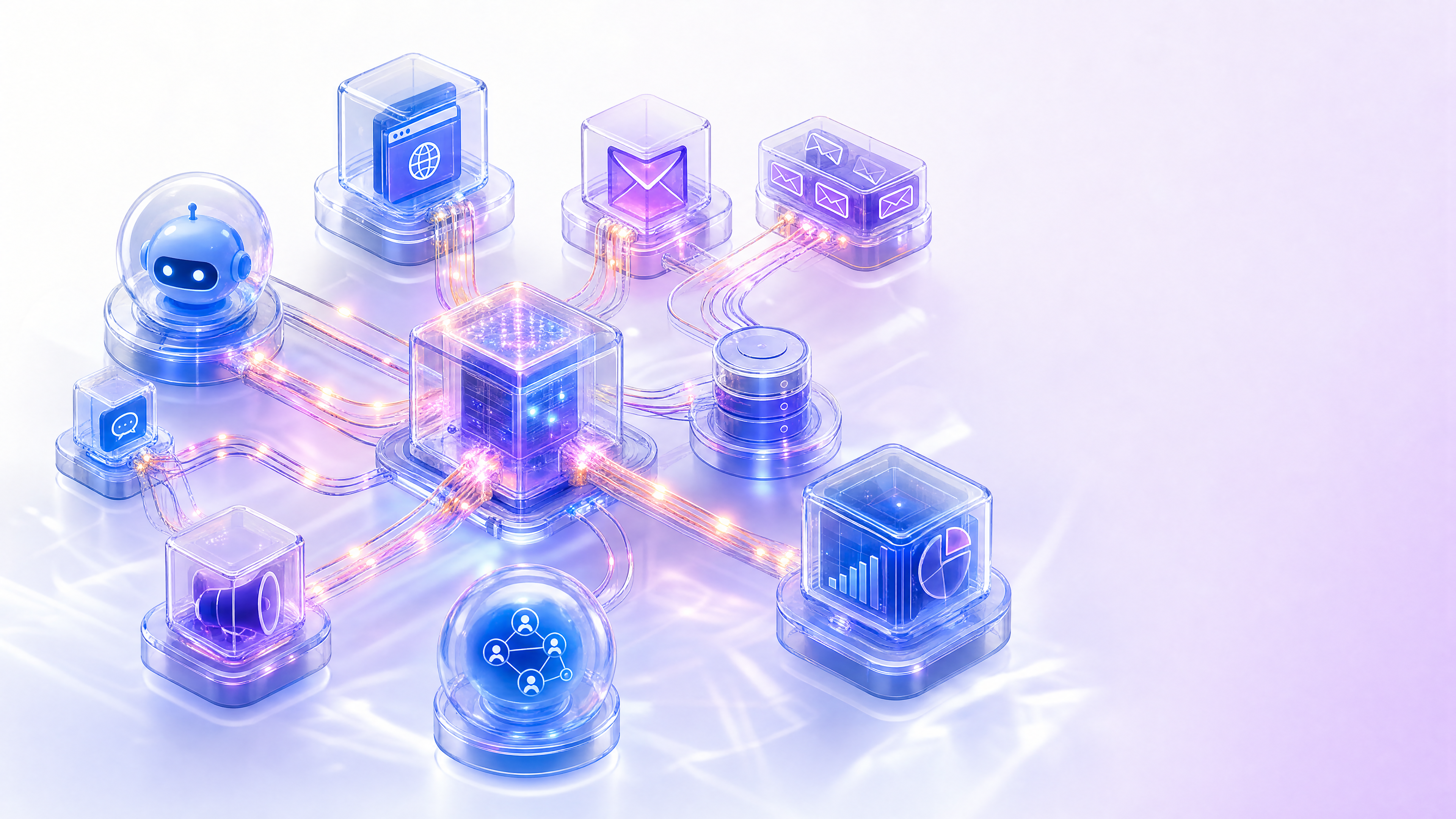 EVM technology stack — isometric illustration of the full lead-capture and automation system