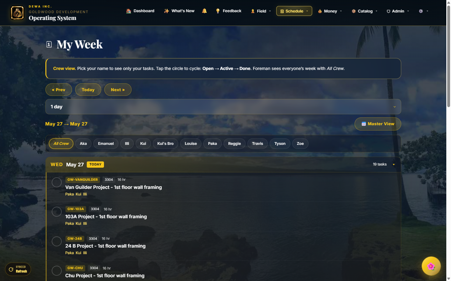 Crew week calendar - 3-day focused view with role lock for field crew