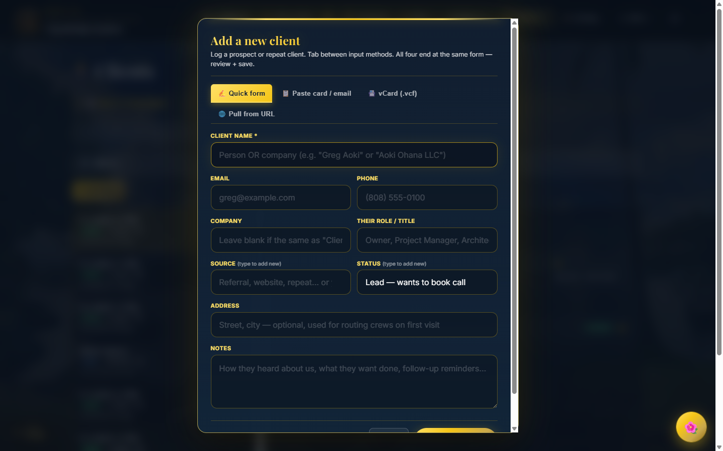 Add Client modal - premium gold gradient bar, Playfair heading, 4 tabs: Quick form, Paste card, vCard import, URL pull
