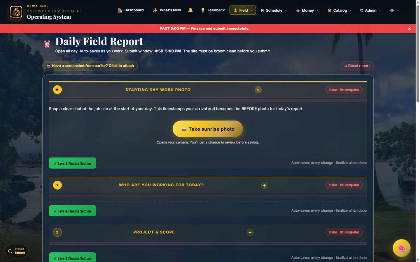 Daily Field Report: collapsed view, 11 sections folded for clean overview
