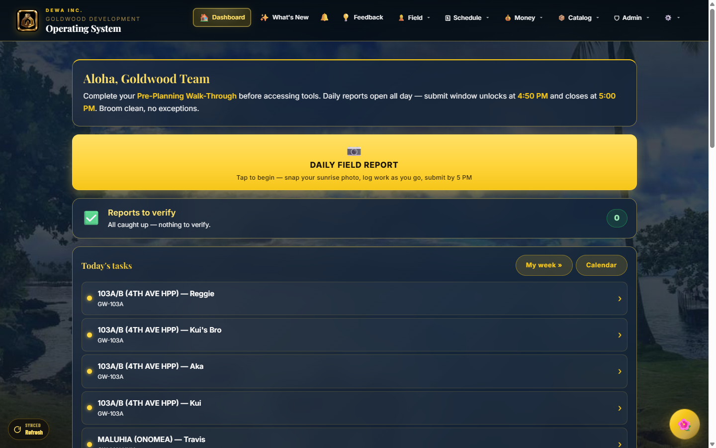 Dashboard: project list, Start Day CTA, Schedule + EOD tiles
