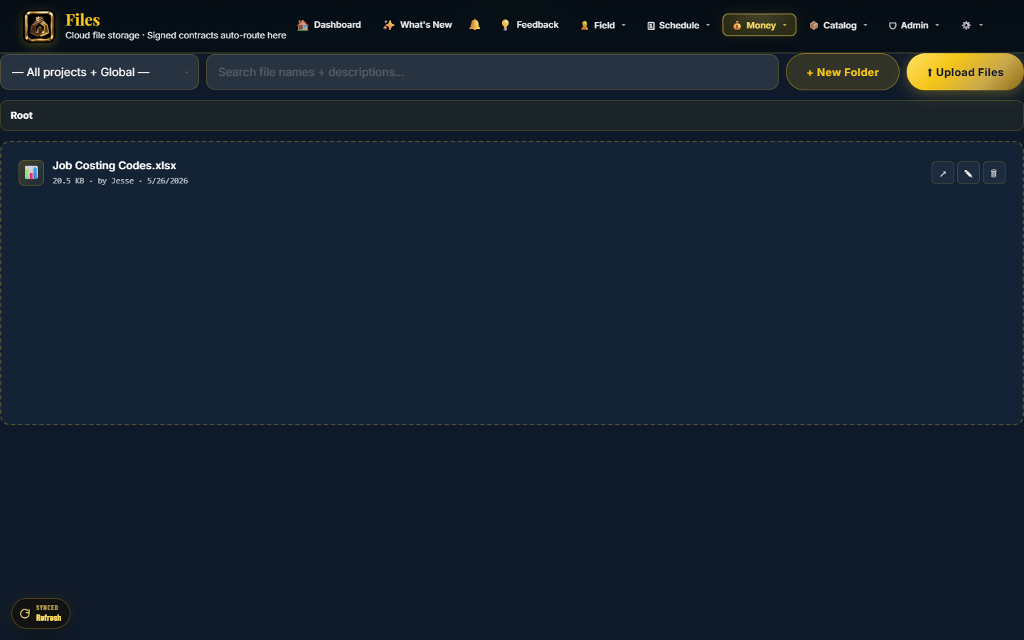 Files page - folder tree with auto-routed signed contracts subtitle
