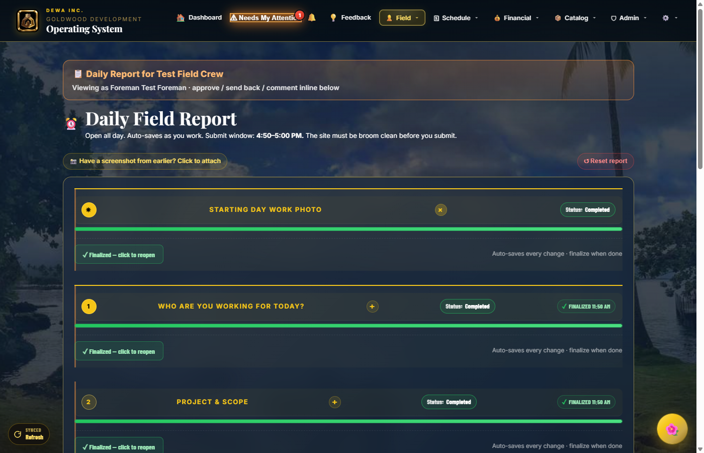 Daily report opened in Foreman View, orange reviewer banner at top, inline Approve and Mark Needs Revision buttons on each task row