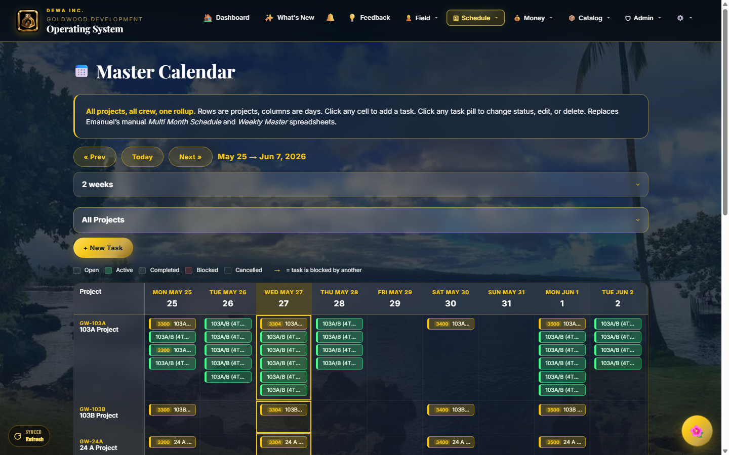 Master Calendar - week-grid view of projects × scope codes × days