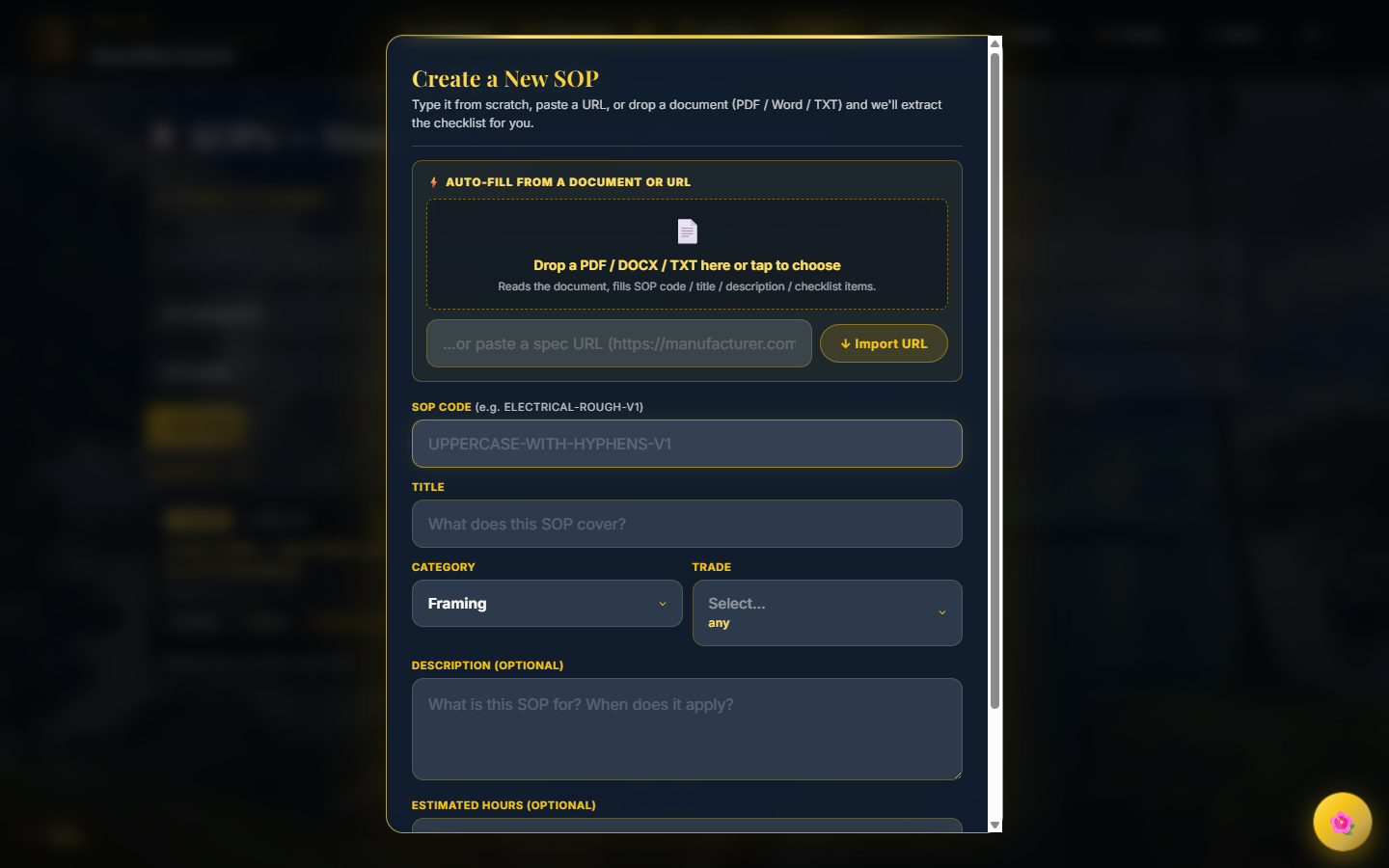 Create New SOP modal - drop-zone for PDF/DOCX/TXT documents + URL importer with AI extraction