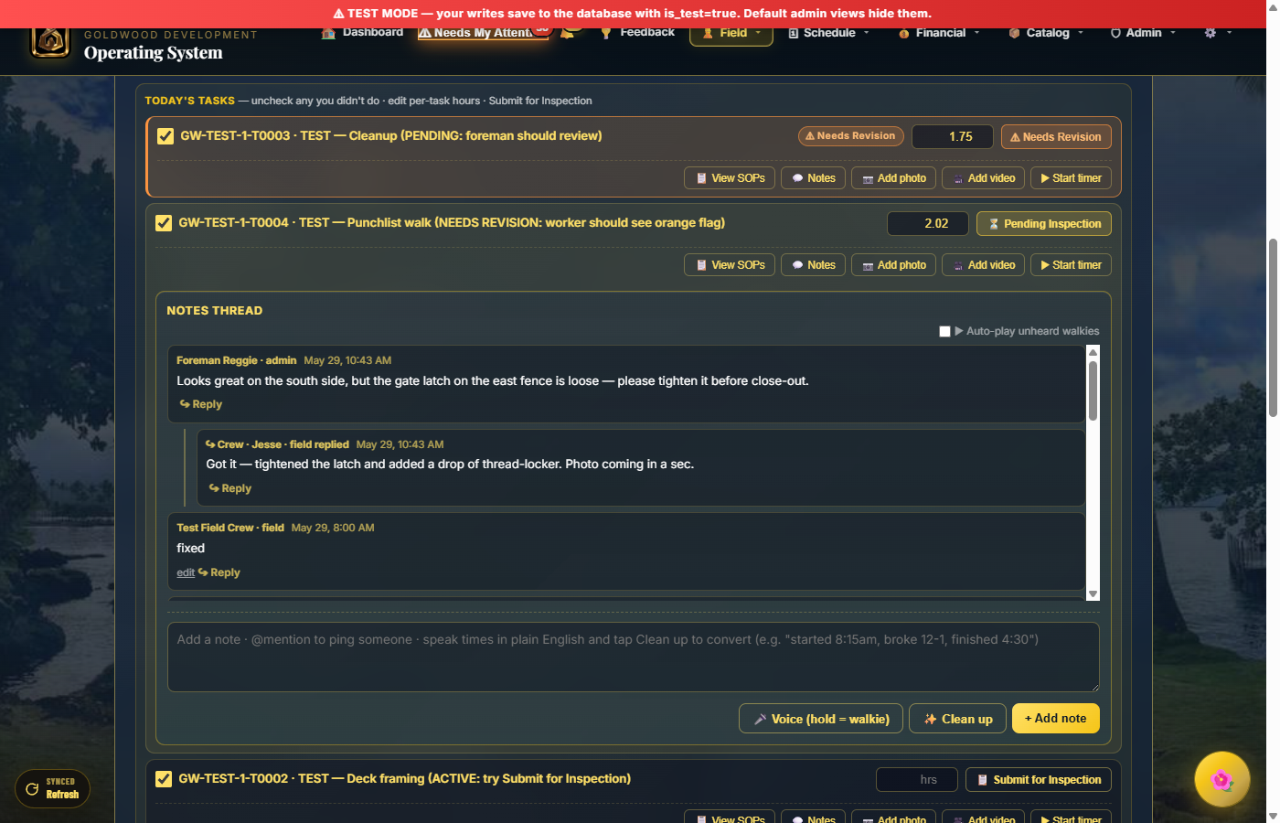 Threaded inline replies on a task comment, nested three levels deep with gold connector line
